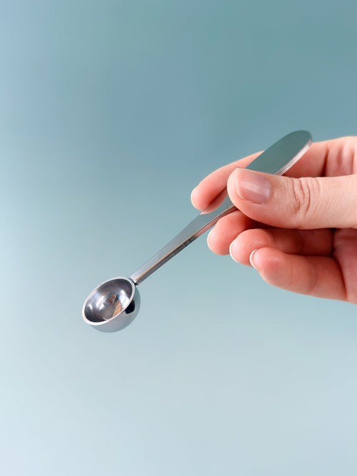 Cuillère doseuse à matcha en inox poli tenue à la main, manche long et plat
