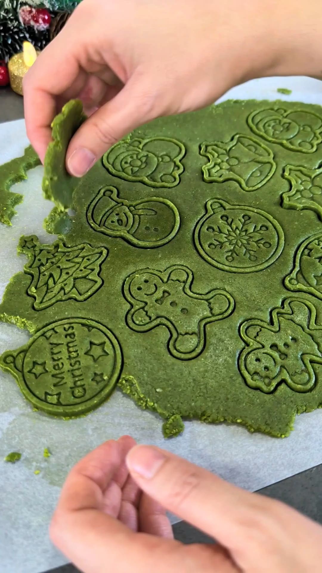 Pâte à sablés au matcha étalée entre deux papiers sulfurisés, motifs de Noël déjà imprimés par les emporte-pièces avant découpe